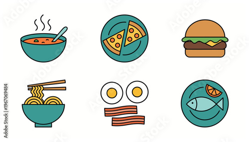 Colorful icons of various food items.