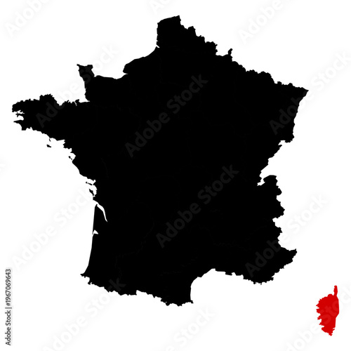 Corse province highlighted on France map with clear regional boundaries, accurate geographic proportions