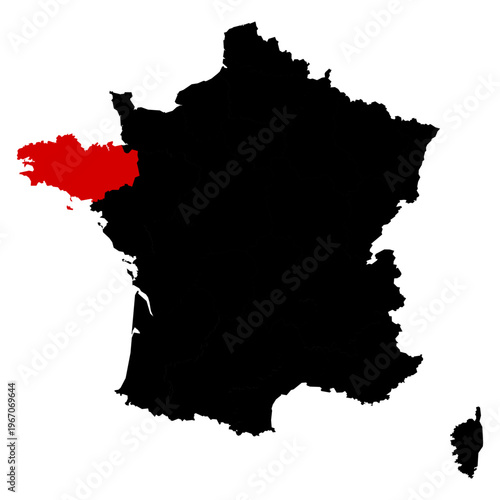 Bretagne province highlighted on France map with clear regional boundaries, accurate geographic proportions