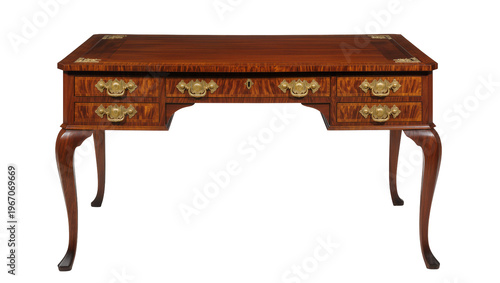 Fotografie Antique mahogany writing desk with brass hardware and cabriole legs, isolated on