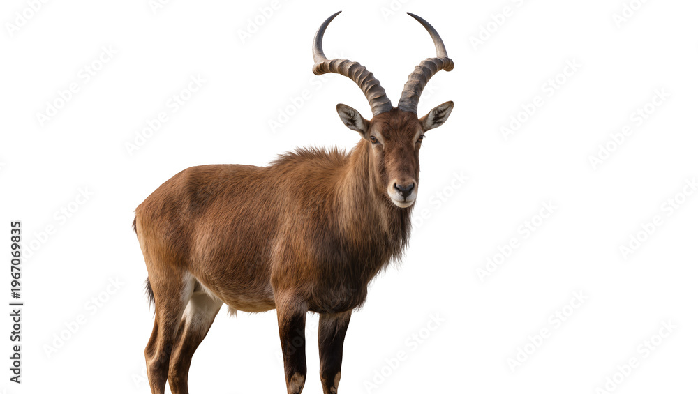 Obraz premium Brown ibex with large curved horns standing alert, isolated on transparent background