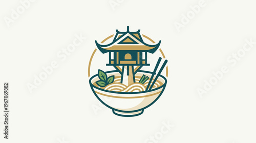 Asian Restaurant Logo with Vietnamese Landmark and Noodles
