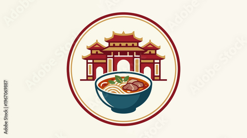 Asian Cuisine Logo Ramen Bowl with Traditional Building
