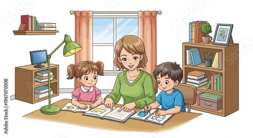 Mother Teaching Children Studying Together At Home
