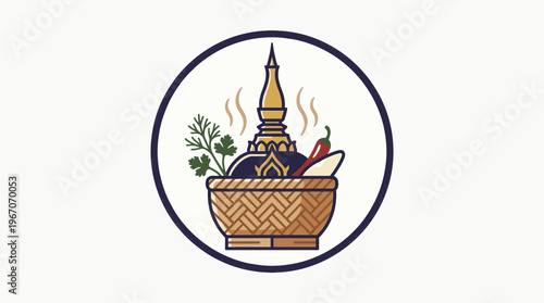 Thai Food Icon with Herbs and a Sacred Structure