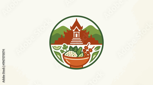 Thai Food Logo Temple Rice Bowl Vegetables and Mountains
