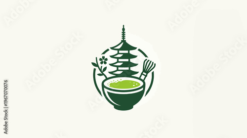 Japanese Matcha Tea Logo with Pagoda