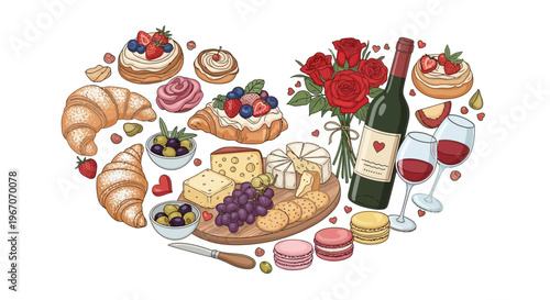 Romantic Heart Charcuterie Board with Wine, Desserts, and Flowers