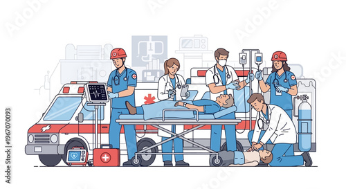 Emergency Medical Team Rescuing Patient with Ambulance and Equipment