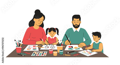 Family Painting Together: Parents and Children Enjoying Art Class at Home