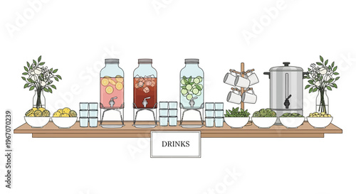 Buffet Drinks Station with Infused Water Dispensers, Ice, and Coffee Maker