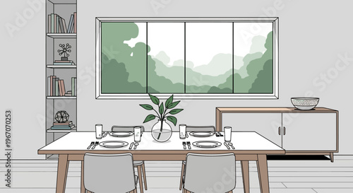 Modern Dining Room with Table Setting and Nature View Window