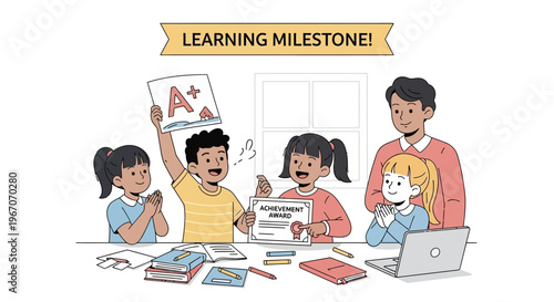 Happy Kids Celebrate Learning Milestone with Teacher, Achievement Award