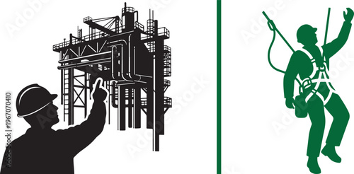 A vector graphic showing a black silhouette of a worker pointing at a steel industrial structure, and a green silhouette of a worker suspended by a safety harness and rope.