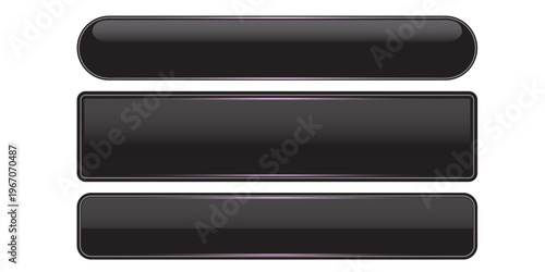 black glossy wide buttons set. 3D realistic web buttons elements with dark reflections and metal frames. Long rectangular and rounded horizontal buttons icons isolated on white for interface design.