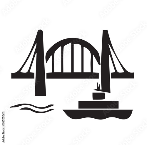 Black silhouette of a bridge and a ship sailing underneath