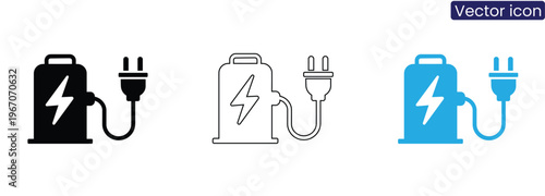 Electric generator icons in black, Line art, And blue on white background