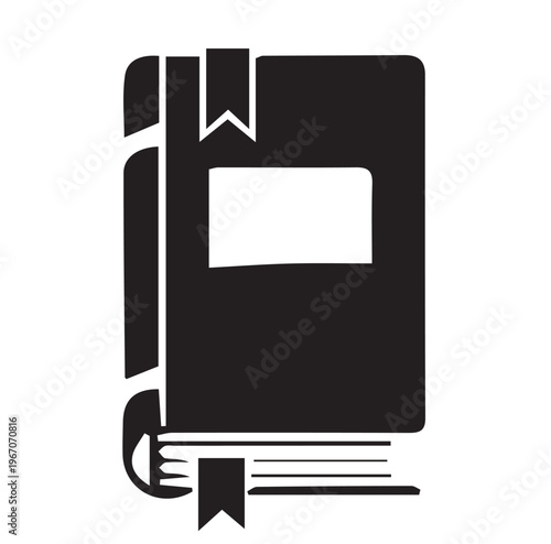 Black book icon with bookmark on cover and bottom