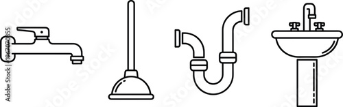 Vector illustration of four plumbing icons—fixtures and tools for water systems, maintenance, sanitation, home repair, and bathroom hardware reference
