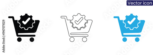 Shopping cart with gear and checkmark on white background vector icon set