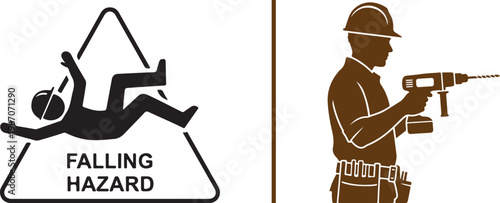 A vector illustration showing a black "FALLING HAZARD" triangle warning sign on the left, and a brown silhouette of a construction worker using a power drill on the right.