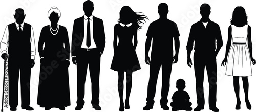 Family silhouette collection, multi generation people set, grandparents parents child, human figures, social diversity, standing characters, isolated vector illustration