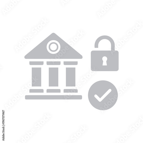Gray scale stylized graphic shows a classical building facade next to an open padlock and a circular check mark.