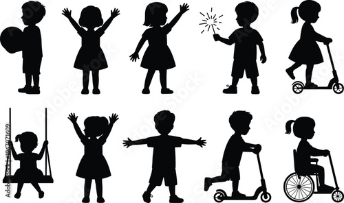 Collection of Diverse Children Silhouettes in Various Activities and Poses Keywords: children, silhouettes, kids, boys, girls, playing, activities, poses, diverse, collection, group, set
