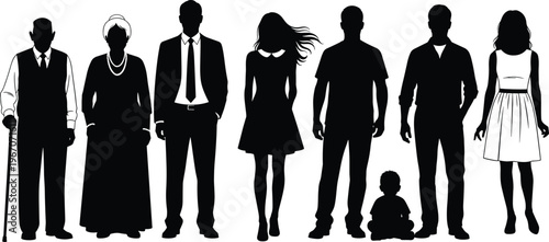 Family silhouette set, people generations collection, elderly adults children, human figures, social group, standing poses, isolated vector, diversity concept