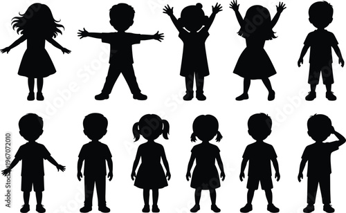 Diverse Silhouettes of Children in Various Poses and Expressions on a White Background Keywords: children, silhouettes, black, white background, kids, boys, girls, happy, playful, dancing