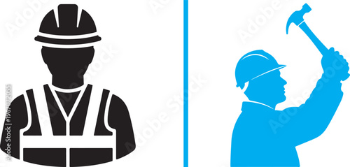 A vector graphic featuring a black silhouette of a construction worker in a safety vest and hard hat on the left, and a blue silhouette of a worker raising a hammer on the right.
