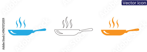 Frying pans in blue, Black, And orange on white background