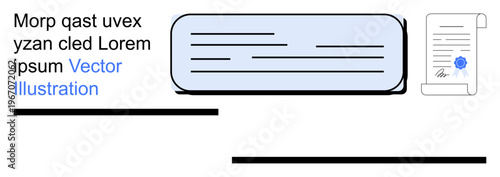Digital documents, online forms, business communication, legal certification, document validation, text layout design. A text box and certified document icon. Communication and legal certification
