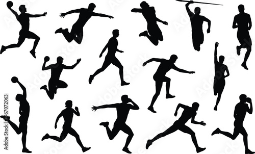 Dynamic black silhouettes of athletes performing various track and field events on a white background