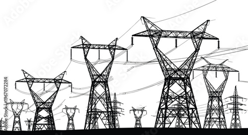 Landscape Silhouette of Multiple Electricity Transmission Towers and Wires on a White Background power