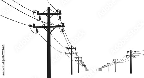 Perspective View of a Long Row of Overhead Power Line Poles and Wires Receding into the Distance on a White Background