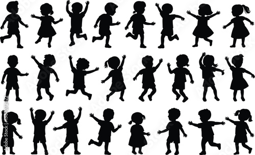 Large Group of Children's Silhouettes in Energetic and Joyful Poses on a White Background vector illustration