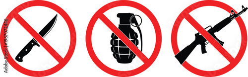 No weapons sign set, prohibited knife gun grenade symbols, safety warning icons, restriction signs, danger prevention, security concept, stop violence
