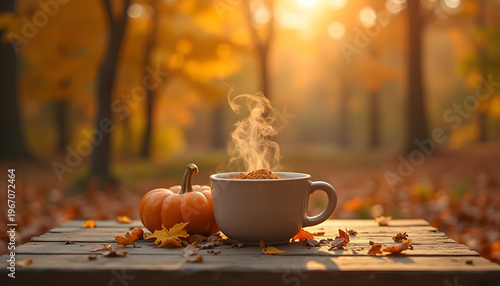Warm Autumn Scene with Steaming Coffee in a Mug and Pumpkin on Wooden Table in Fall Forest