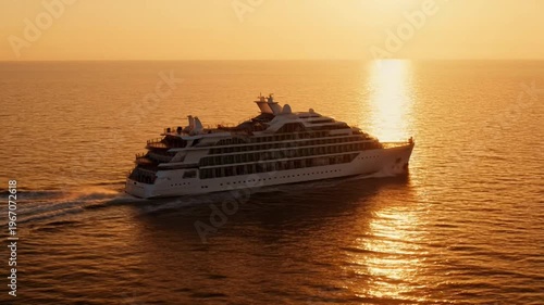 Luxury Cruise Ship Sails Across Ocean During Golden Hour Sunset.