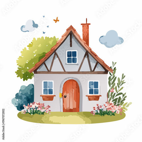 Niedliches Aquarell-Landhaus mit Ziegeldach und Blumen – Ländliche Illustration