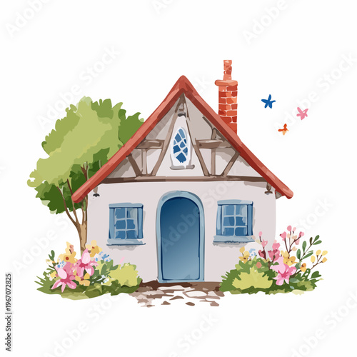Niedliches Aquarell-Landhaus mit Ziegeldach und Blumen – Ländliche Illustration