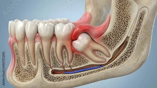 Detailed 3D Dental Anatomy of Impacted Wisdom Tooth Showing Jaw Bone Gums and Nerves with Inflammation and Swelling Against a Soft Blue Background