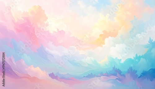 パステルカラーの雲が広がる抽象空間