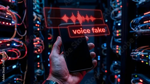 Hand Holding Black Smartphone Displaying Voice Fake Technology Hologram in Server Room with Red and Blue Lights