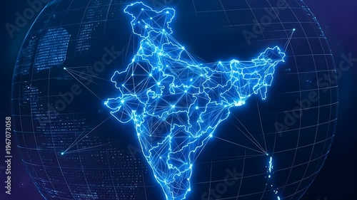 Digital Connectivity Map of India with Glowing Blue Lines Representing Global Network Connections and Data Transfer Lines Illustrating Technological