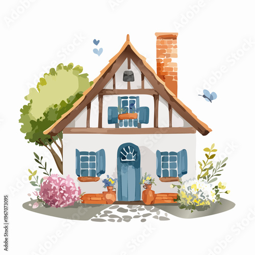 Niedliches Aquarell-Landhaus mit Ziegeldach und Blumen – Ländliche Illustration