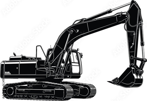 Excavator silhouette, construction machinery, heavy equipment, crawler digger, industrial vehicle, black vector illustration, engineering machine, earthmoving equipment, building concept