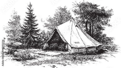 A vector illustration of a canvas camping tent in a forest. A vintage outdoor vector illustration.
