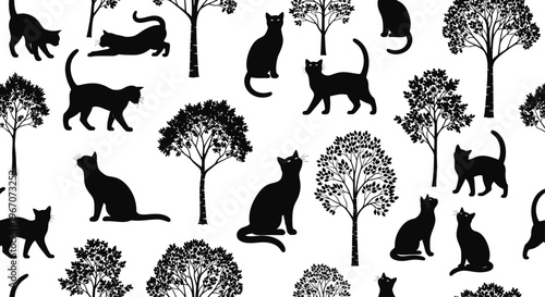 Seamless pattern of black cats and trees with black cat with wrapping paper with lying down with pattern design with surface design with art print